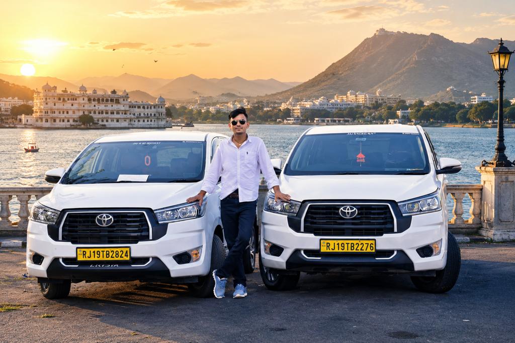 Lucky Choudhary, owner of Lucky Taxi Service, standing between two white Toyota Innova Crysta cabs beside the lake in Udaipur